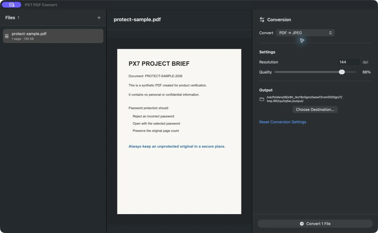 PX7 PDF Convert set to export a one-page synthetic PDF as JPEG at 144 dpi and 88 percent quality