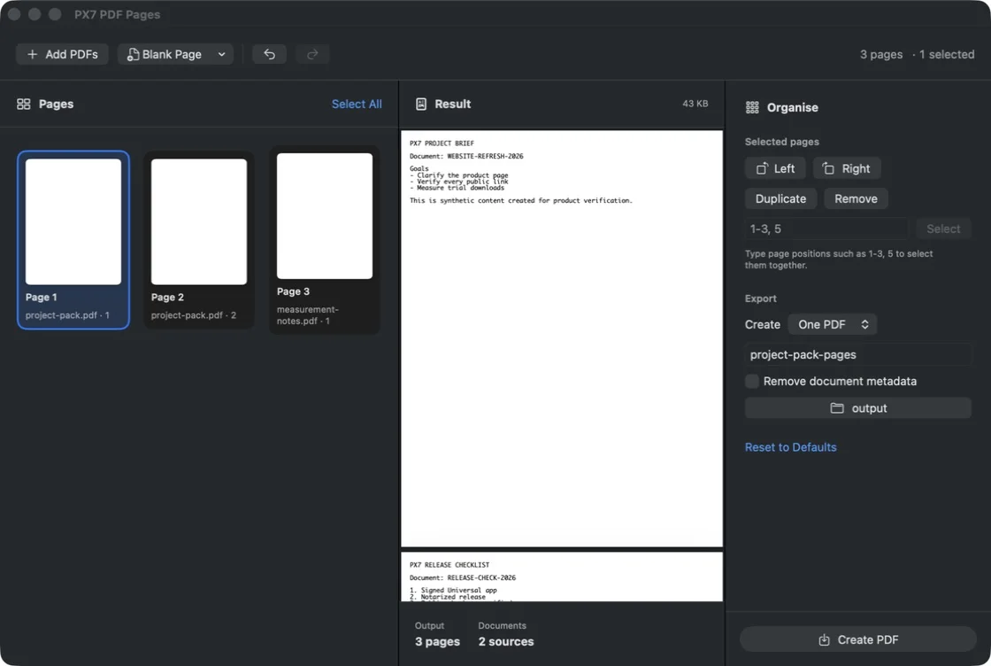 PX7 PDF Pages combining three pages from two synthetic source documents with a live result preview