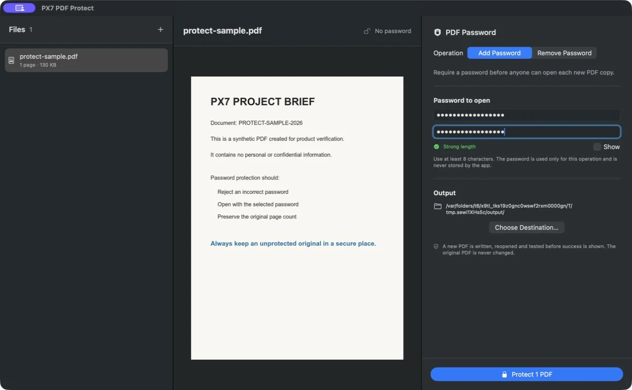 PX7 PDF Protect preparing a synthetic one-page PDF with a hidden strong password